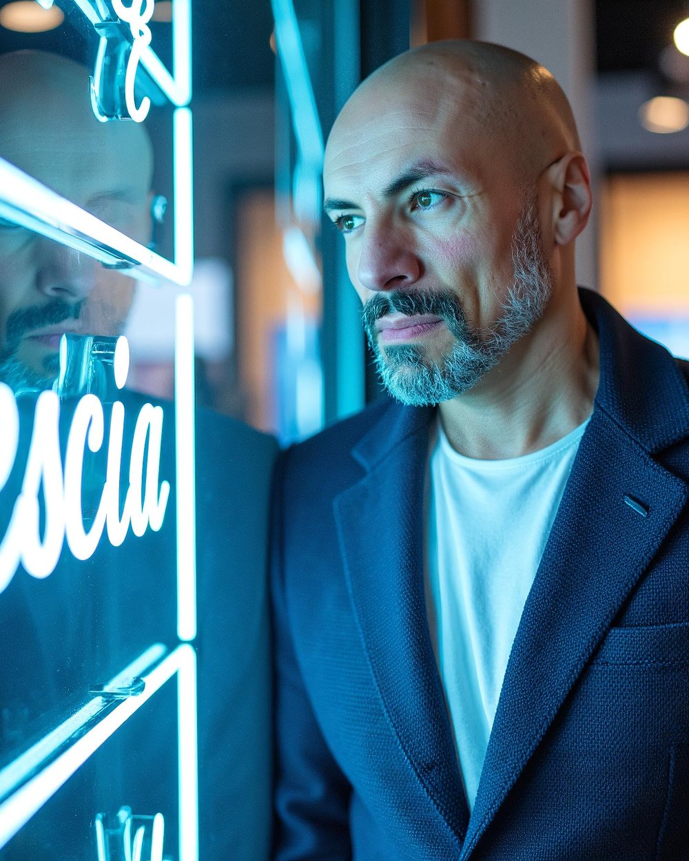 Donatello Molteni, titolare di INSEGNE BRESCIA, accanto a un'insegna al neon con la scritta «brescia»